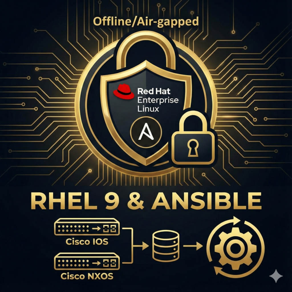 RHEL 9 서버 및 Cisco IOS NXOS 네트워크 장비의 폐쇄망 앤서블 구축을 상징하는 블랙 앤 골드 그래픽